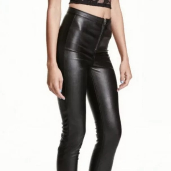 H&M faux leather high waisted skinny pant legging with zip black - Picture 2 of 7